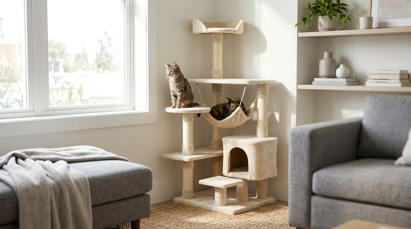 Compact Plush Cat Tree: Condo, Hammock & Scratch Posts