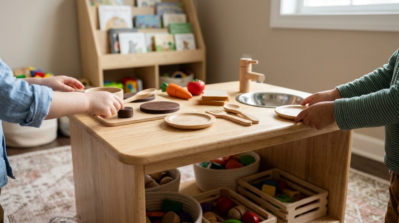 Compact Wooden Play Kitchen Table for Pretend Cooking