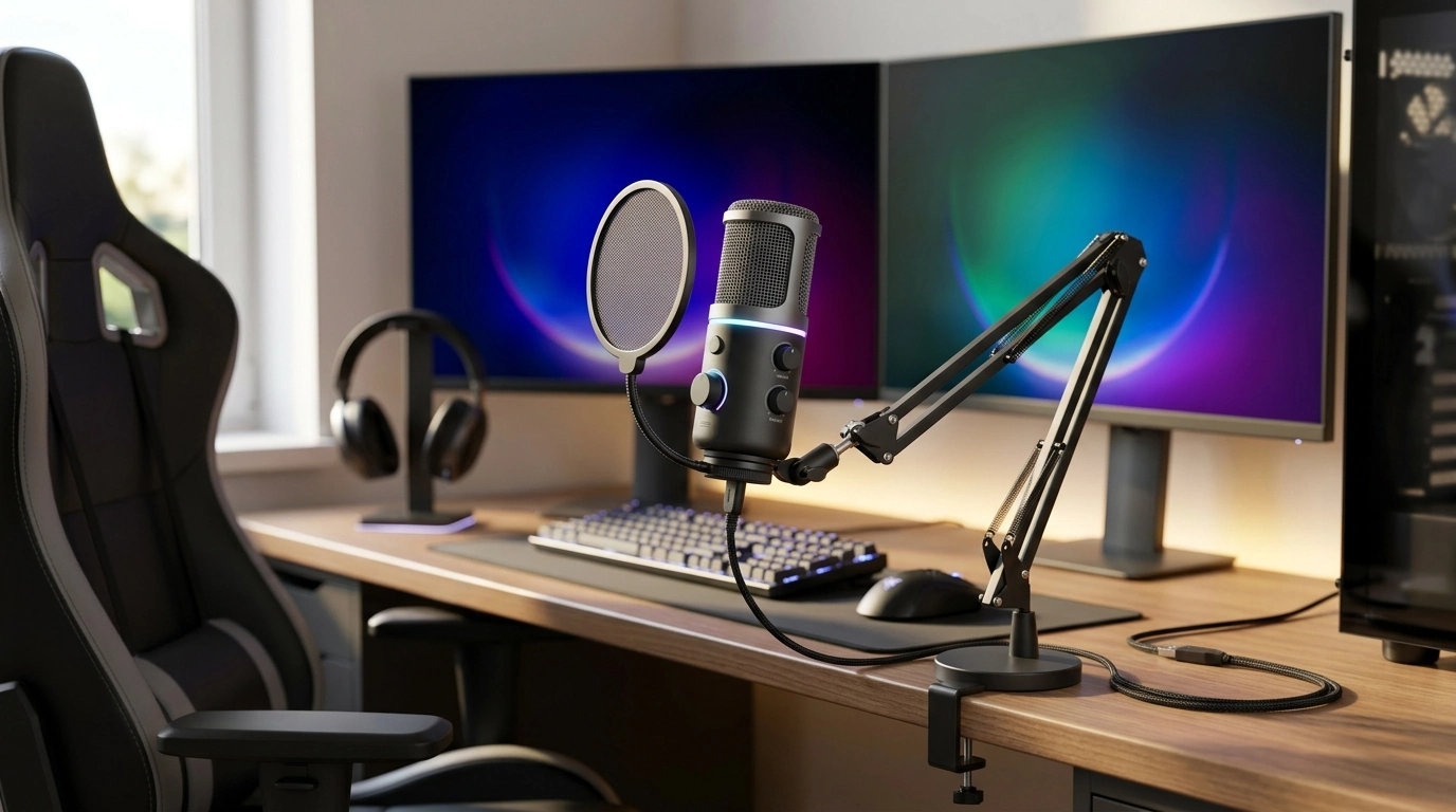 USB Condenser Gaming Mic: Noise Cancel, RGB, Balance