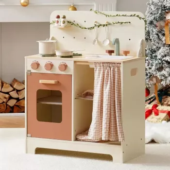 Rustic Wooden Play Kitchen for Kids 3+ (Lights & Apron)